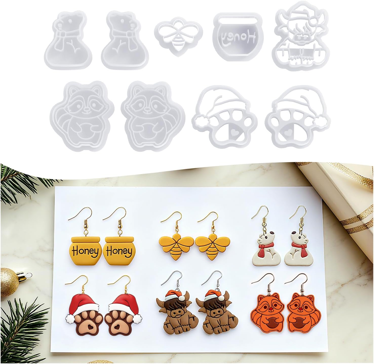 9 Pack Christmas Polymer Clay Cutters - Honey Jar/Bee/Bear/Dog Paw/Cow/Raccoon, Ideal Polymer Clay Molds & Polymer Clay Earring Cutters for Christmas Jewelry Making Easter Gifts