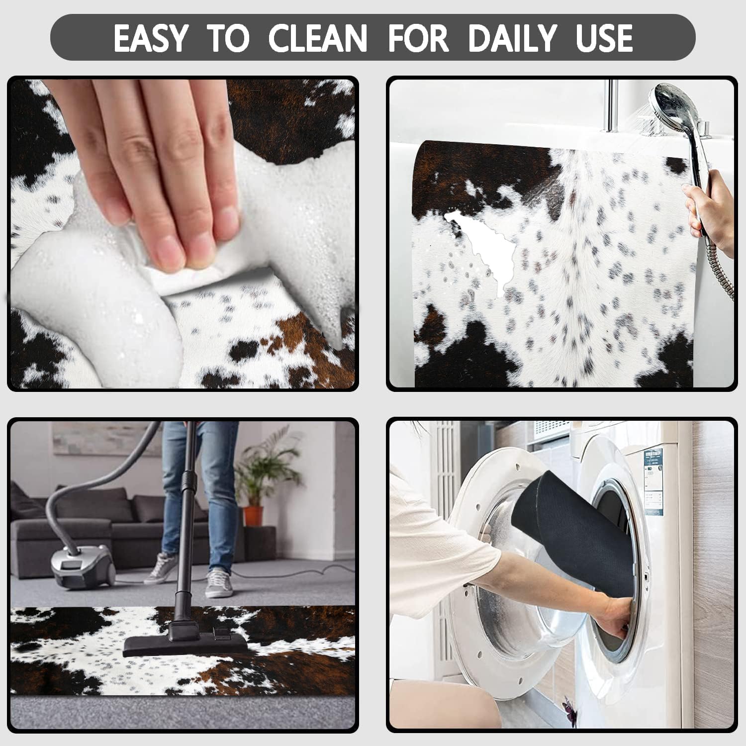 MUGINYU Cowhide Cow Print Bath Mat,Long Western Bathroom Rug for Farmhouse Cowboy Decor,Quick Dry Absorbent Non-Slip Narrow Shower Rug Runner Mats for Bathroom Floor with Rubber Backing - Image 4