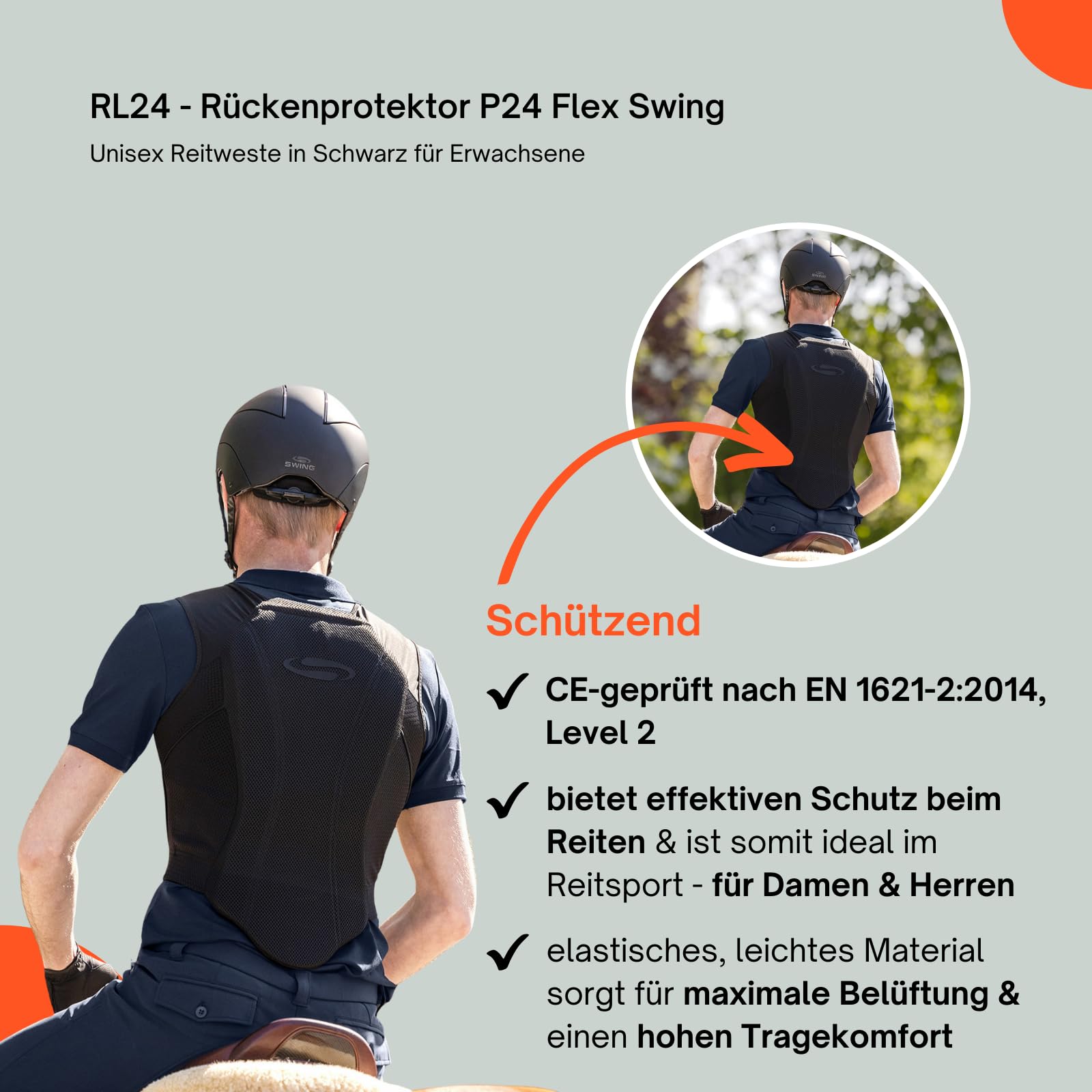 RL24 - Rückenprotektor P24 Flex Swing – Protektorenweste – Reiter Schutzweste – atmungsaktiv & leicht – automatische Weitenregulierung – Unisex Reitweste in Schwarz für Erwachsene