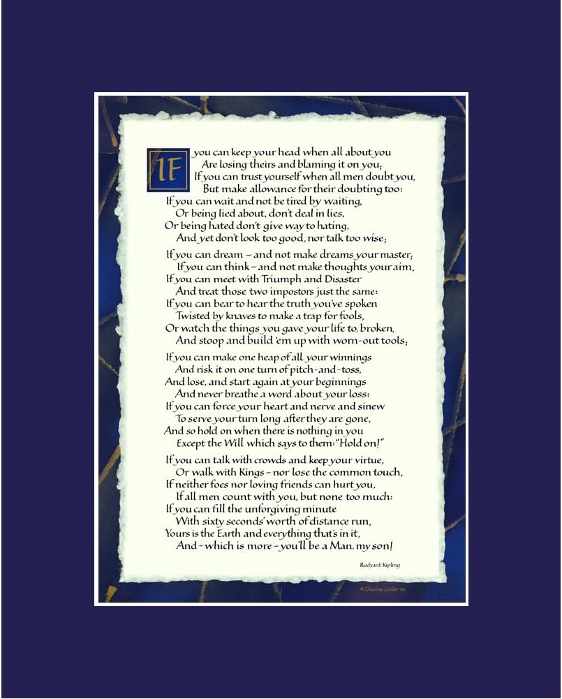 Ink Monkey Press If By Rudyard Kipling - If Poem Calligraphy Print 8x10 Dark Blue Mat