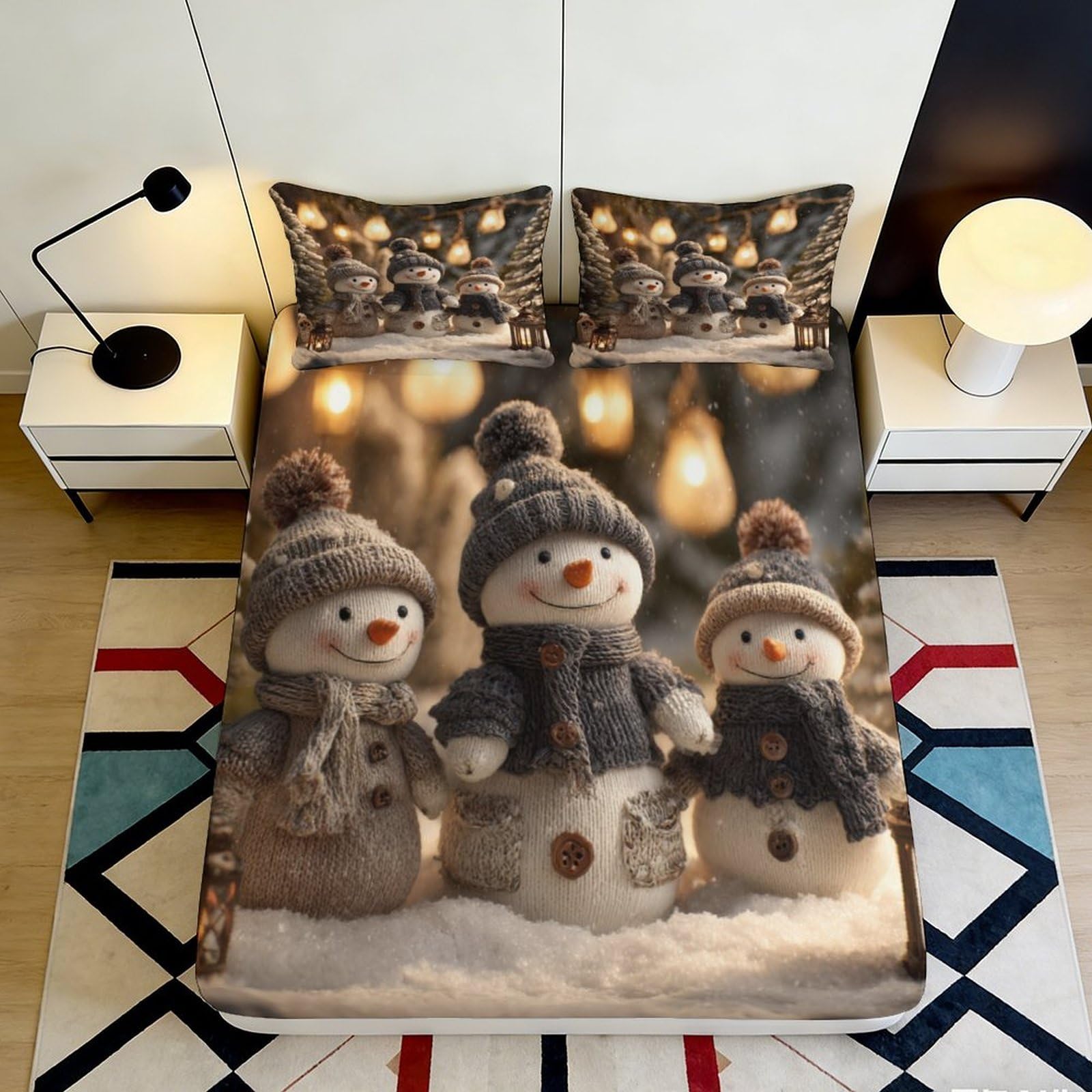 3D Printed Cute Snowman Fitted Sheet Microfiber Soft Breathable Winter Scene Bed Cover for Bedroom Dormitory Guest Room Mattress Protection 160x200x25cm