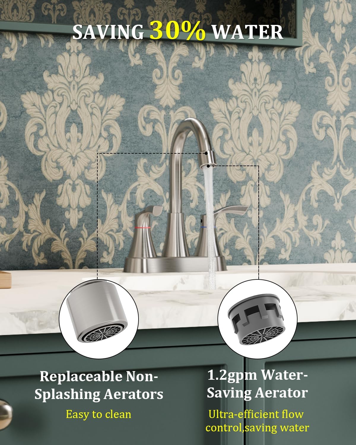 2 Pack Brushed Nickel Bathroom Faucet 3 Hole, Evolvegoods 4 Inch Stainless Steel Bathroom Sink Faucet, 2 Handle Centerset Faucet for Bathroom Sink Vanity, with Pop Up Drain and 2 Supply Hoses