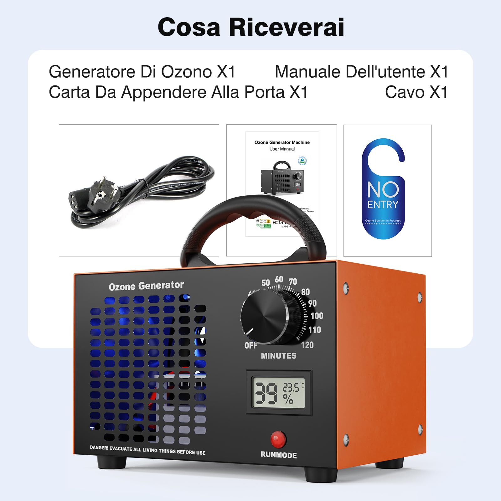 Generatore di Ozono 120000 mg/h – Purificatore d’Aria Industriale O3 con Timer 120 min, Display Temperatura e Umidità, Ideale per Auto, Casa, Hotel, Cucina e Odori di Animali