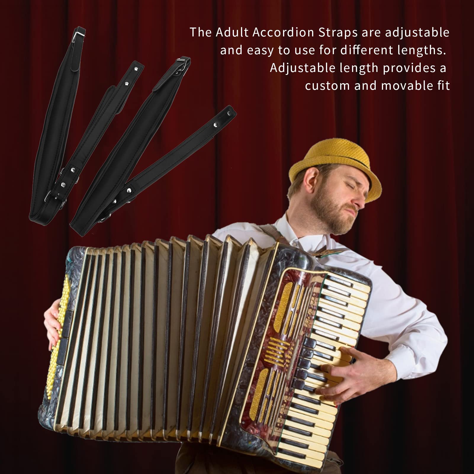 Cinghie per Fisarmonica Nere, Cinghie per Fisarmonica in Morbida Pelle PU, Tracolla per Fisarmonica Regolabile, Accessori per Strumenti Musicali, per la Maggior Parte delle Fisarmoniche con 16-120 Bas