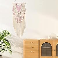 Vista 5 de LB Tapiz tejido de macramé rosa para colgar en la pared, tapiz tejido bohemio, hojas de borlas blancas y rosas, decoración de pared bohemia elegante