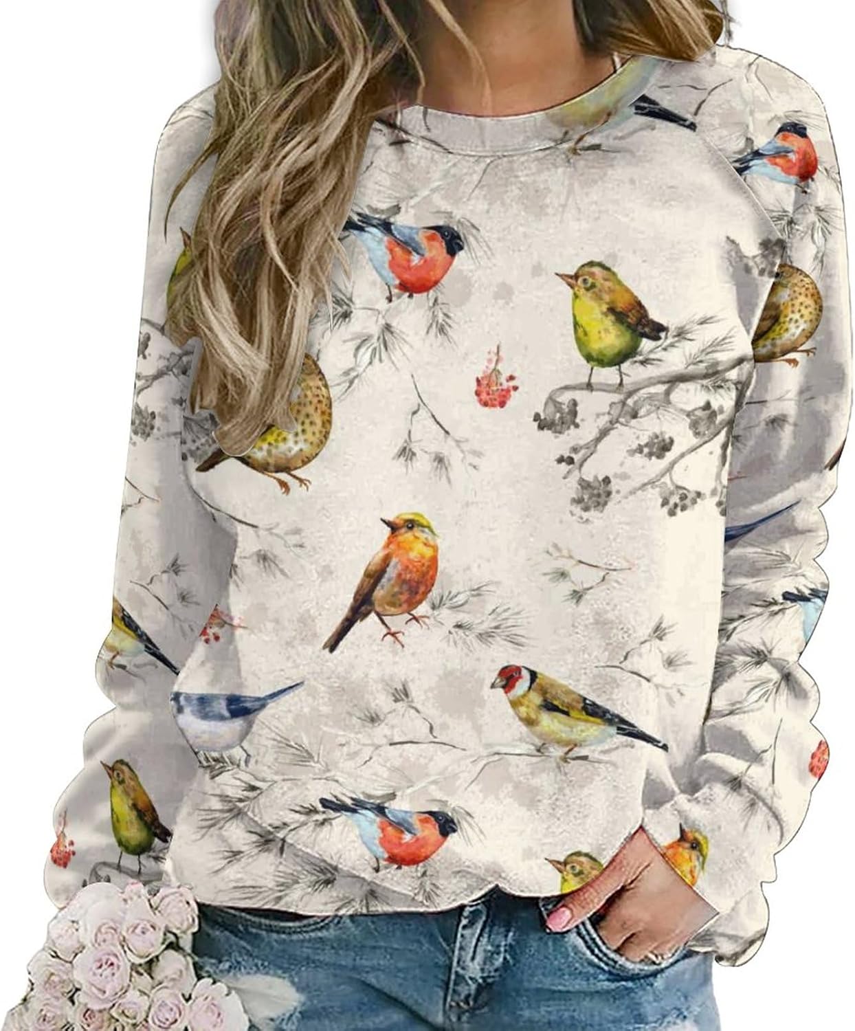 Watercolor Bird Pattern Womens Crewneck Sweatshirt Casual Loose Fitting Tops Long Sleeve