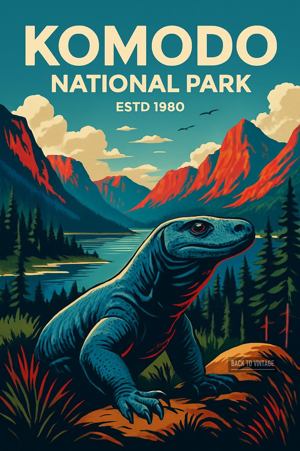 Back To Vintage Multicoloured Vibrant Retro Illustration Of Komodo Dragon In Nature_result - A4 Travel City Poster Wall Art Home Decor Art Print Featuring Urban Landmarks And Global Views For Stylish Interior Display