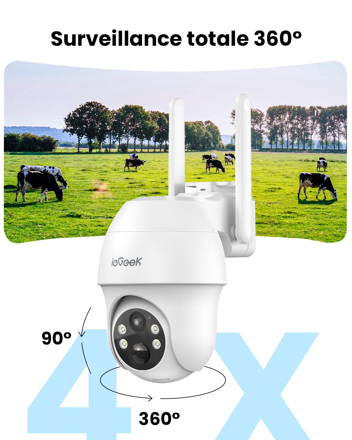 ieGeek 4G LTE Camera De Surveillance sans Internet, 2K HD Camera Carte Sim, Vision Nocturne Camera sans WiFi, Détection Humaine PIR, Audio Bidirectionnel, AI Analysis System/Cloud