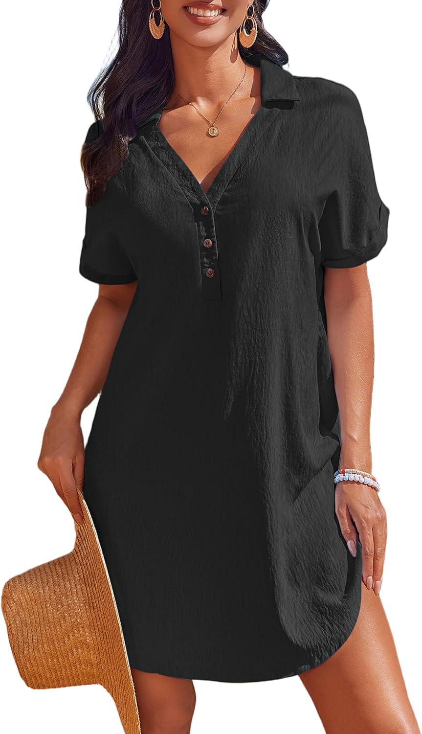 AI'MAGE Beach Cover Ups for Women Short Sleeve Swimsuit Coverup Button Down Bikini Bathing Suit Cover Up Dress Shirt
