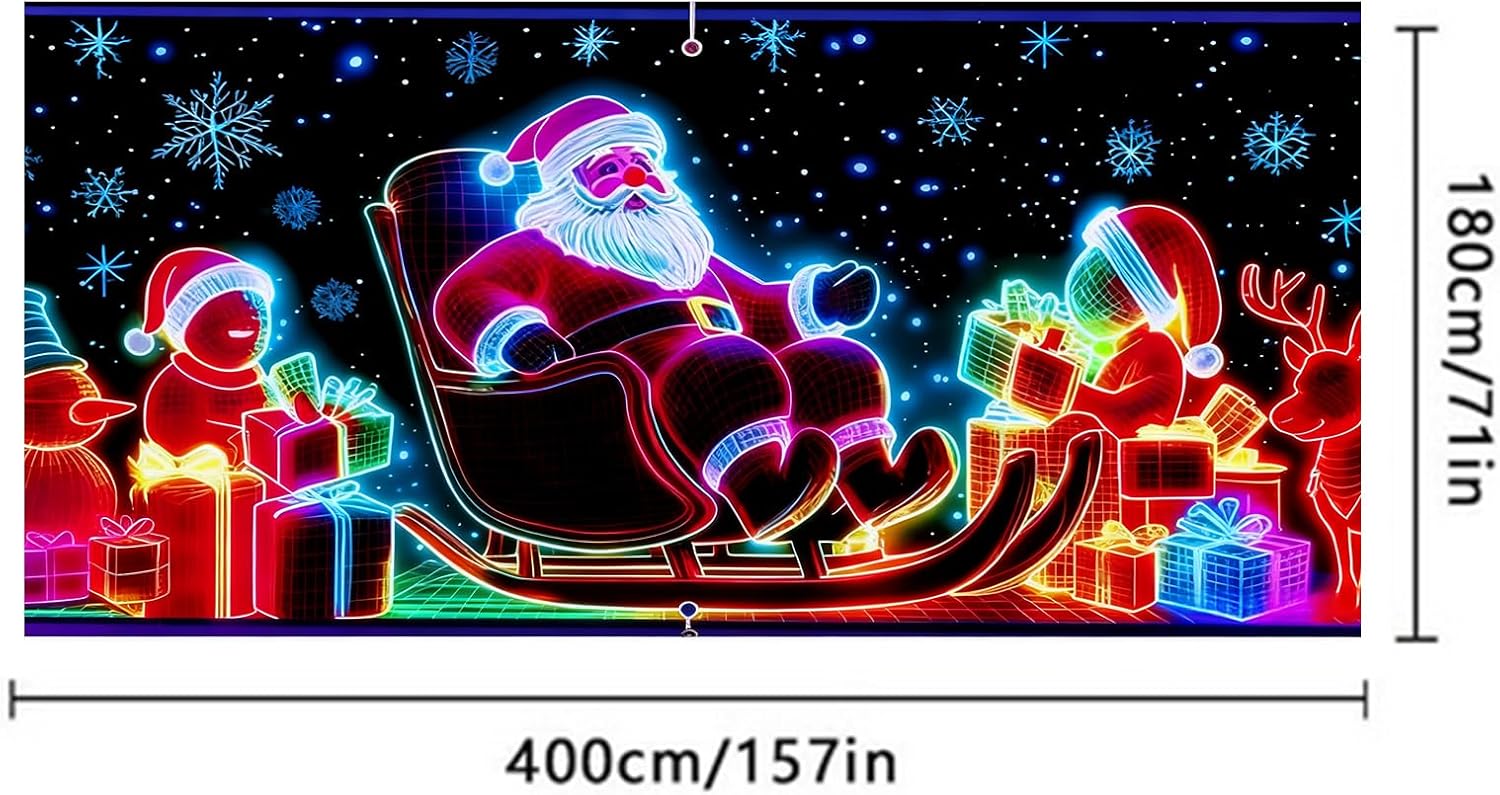 13x6ft UV Activated Christmas Garage Door Cover Banner, Glows in Dark 2D Flat Holiday Garage Door Covers with Cartoon Santa, Xmas Outdoor Indoor Party Decoration (A)