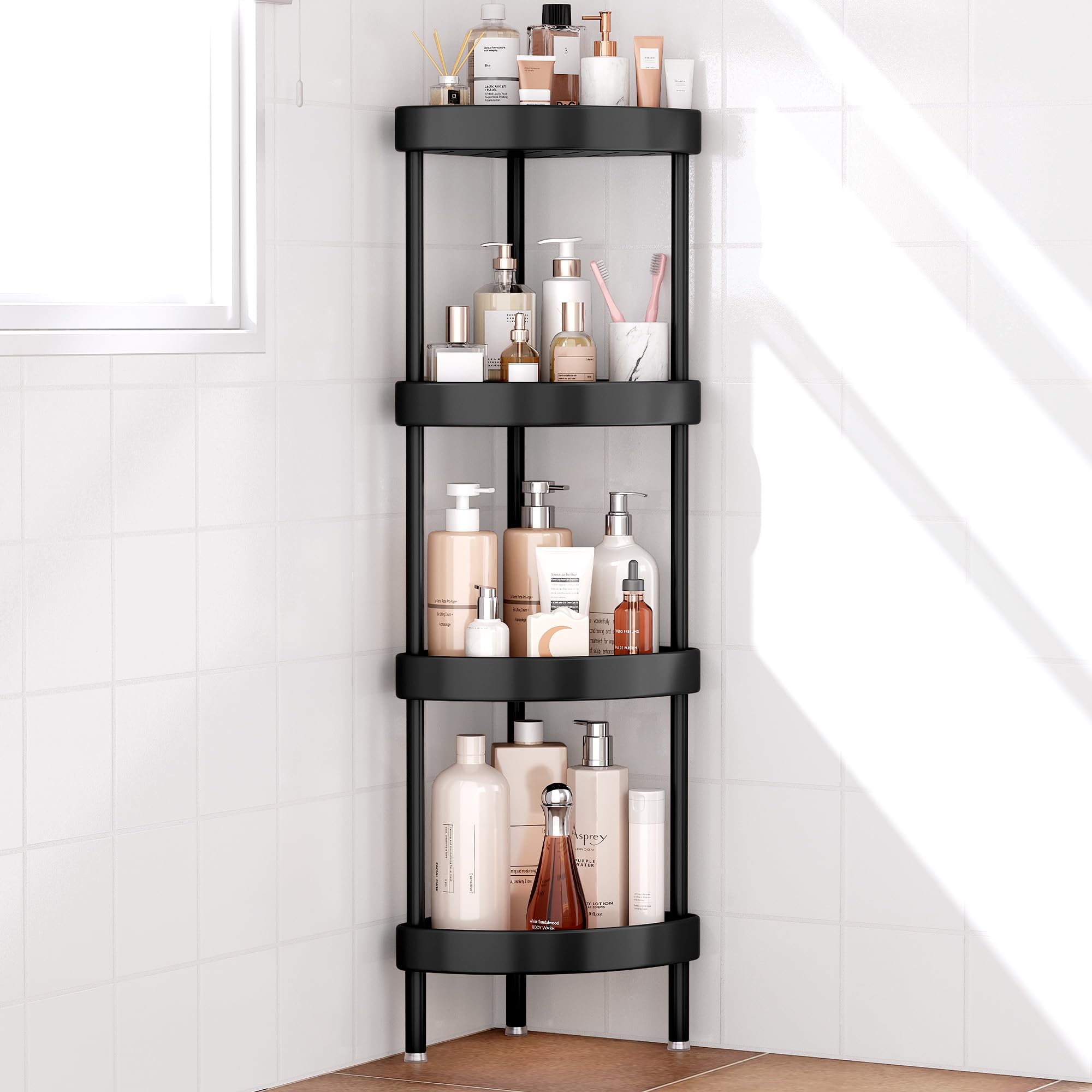 Nieifi Corner Shower Caddy Stand-4 Tier Rustproof Anodized Aluminum Standing Shower Organizer-Shower Caddy Corner-Dual Stability to Anti-Shaking-Height-Adjustable Legs