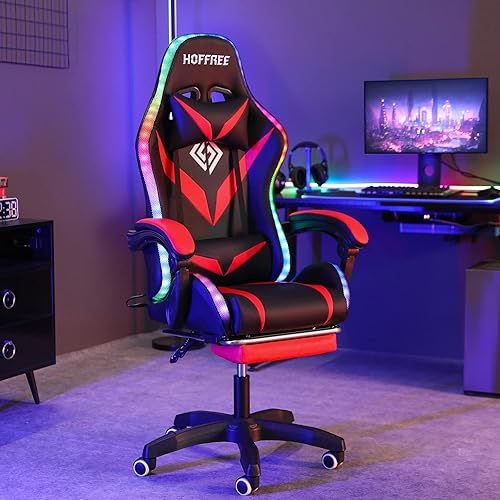 Miniatura 9 de Silla de juegos RGB con masaje y luces LED, silla ergonómica para computadora con reposapiés, respaldo alto, silla de videojuegos con soporte lumbar
