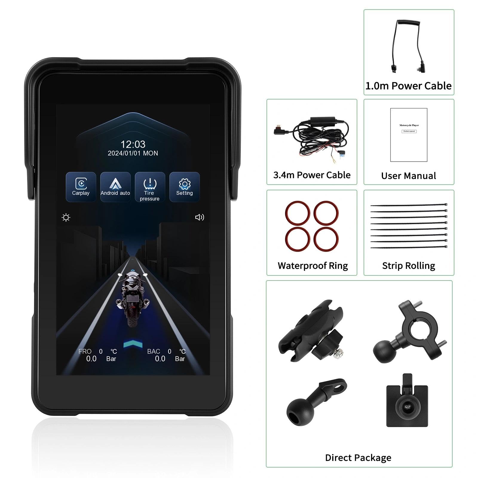 Pantalla CarPlay para Moto, Apple CarPlay y Android Auto Inalámbricos, Pantalla HD de 5" para Motocicleta, Impermeable IP68 con Bluetooth, Compatible con TPMS, Soporte Antirrobo Desmontable