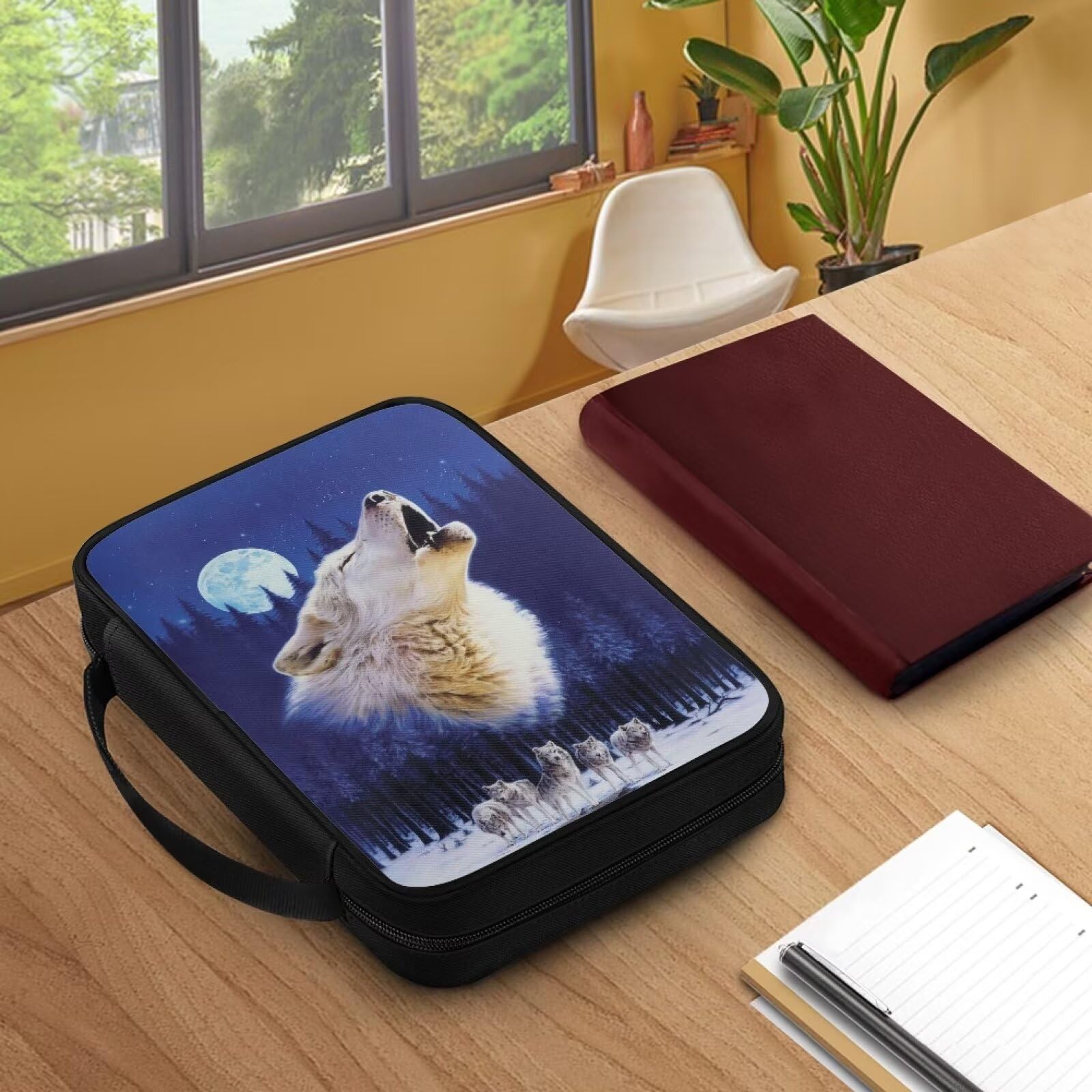 NETILGEN Bible Cover Case Zipper Bible Protective Portable Notebook Carrying Case with Handle Church Bag Perfect Gift for Women Men Girls Moon Wolf - Image 2