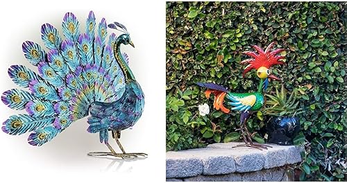 Alpine Corporation JUM232 - Estatua de metal de pavo real para exteriores, 32 pulgadas de largo x 12 pulgadas de ancho x 23 pulgadas de alto,