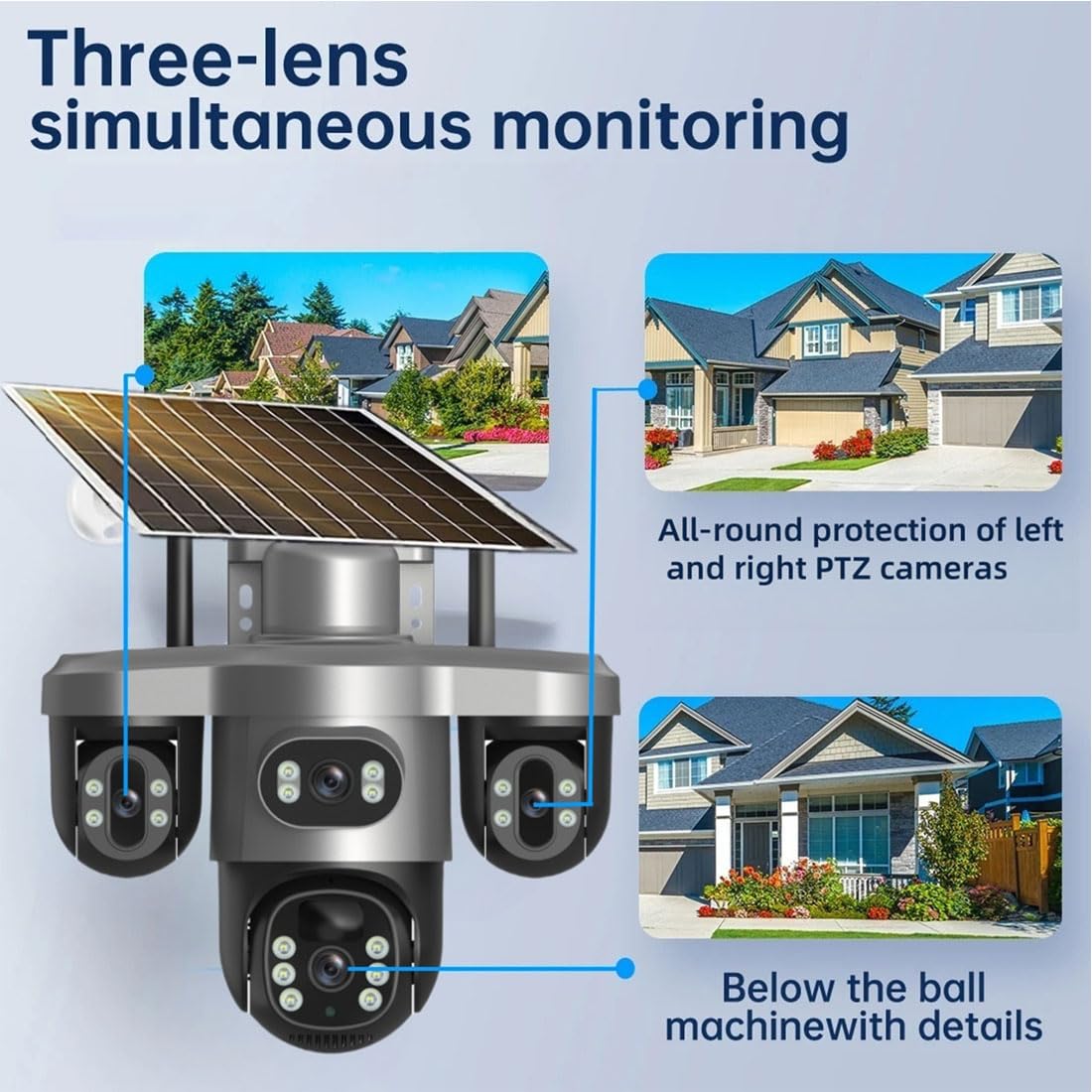 Caméra De Sécurité Solaire À Triple Objectif, Surveillance 3 Voies (A-4G)