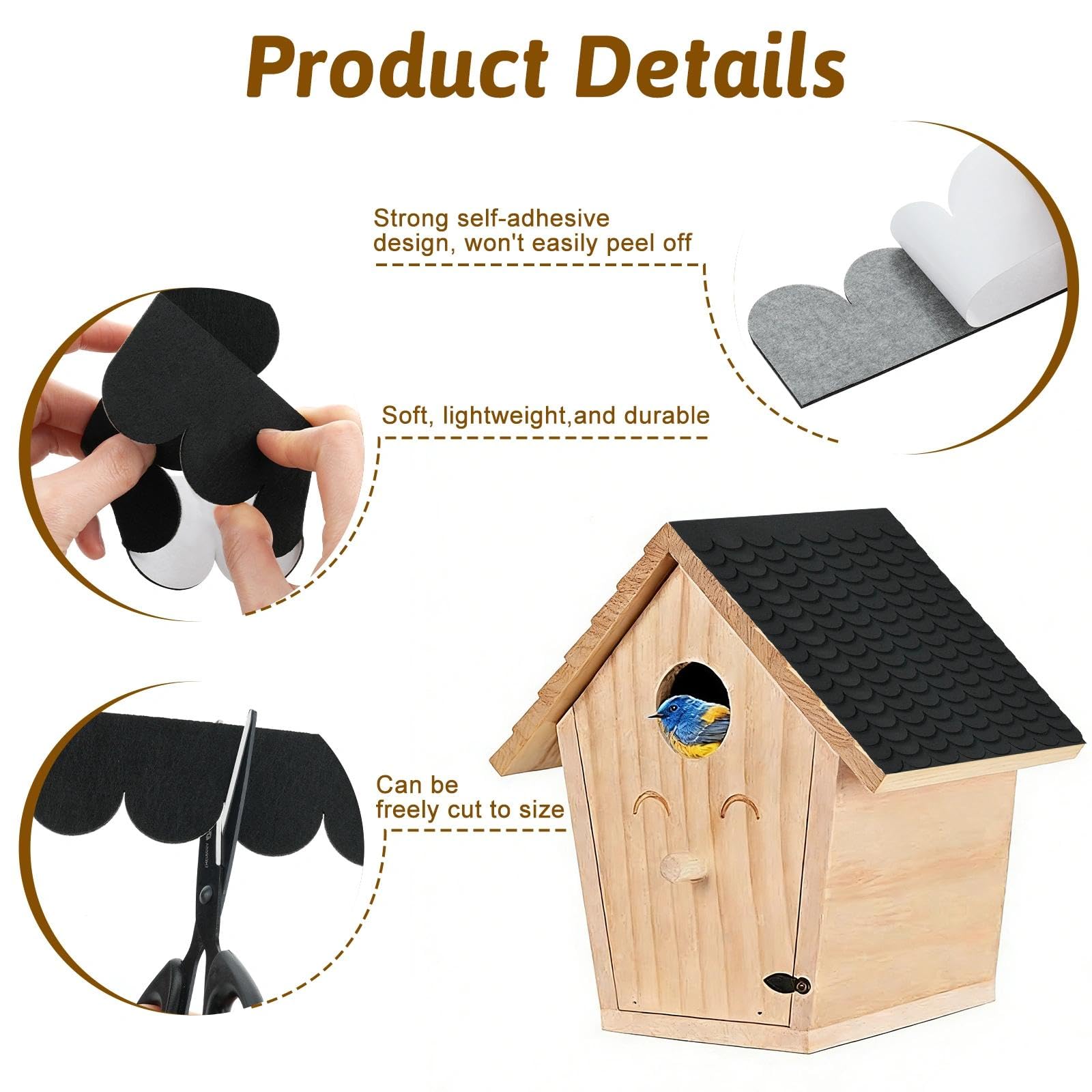 Draupnir 53 Piezas Unidades De Fieltro Autoadhesivo Para Techos Para Pajareras,Tejas Para Casa Pajaros Exterior Autoadhesivas,Techo De AlimentacióN De Aves-Negro,Material De Fieltro