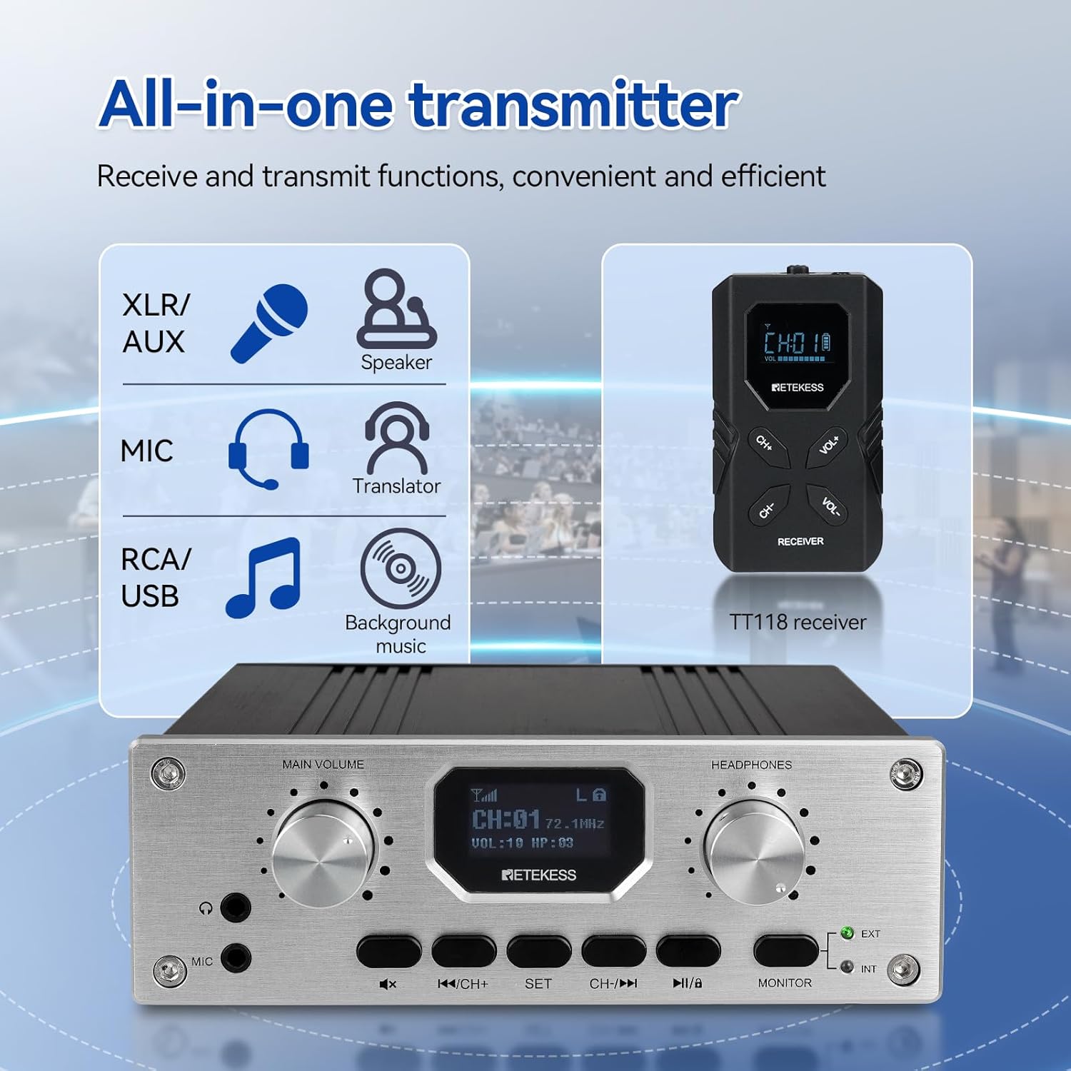 Retekess TT119 all-in-one transmitter showing various input options including XLR, AUX, MIC, RCA, and USB, with a TT118 receiver in the background.
