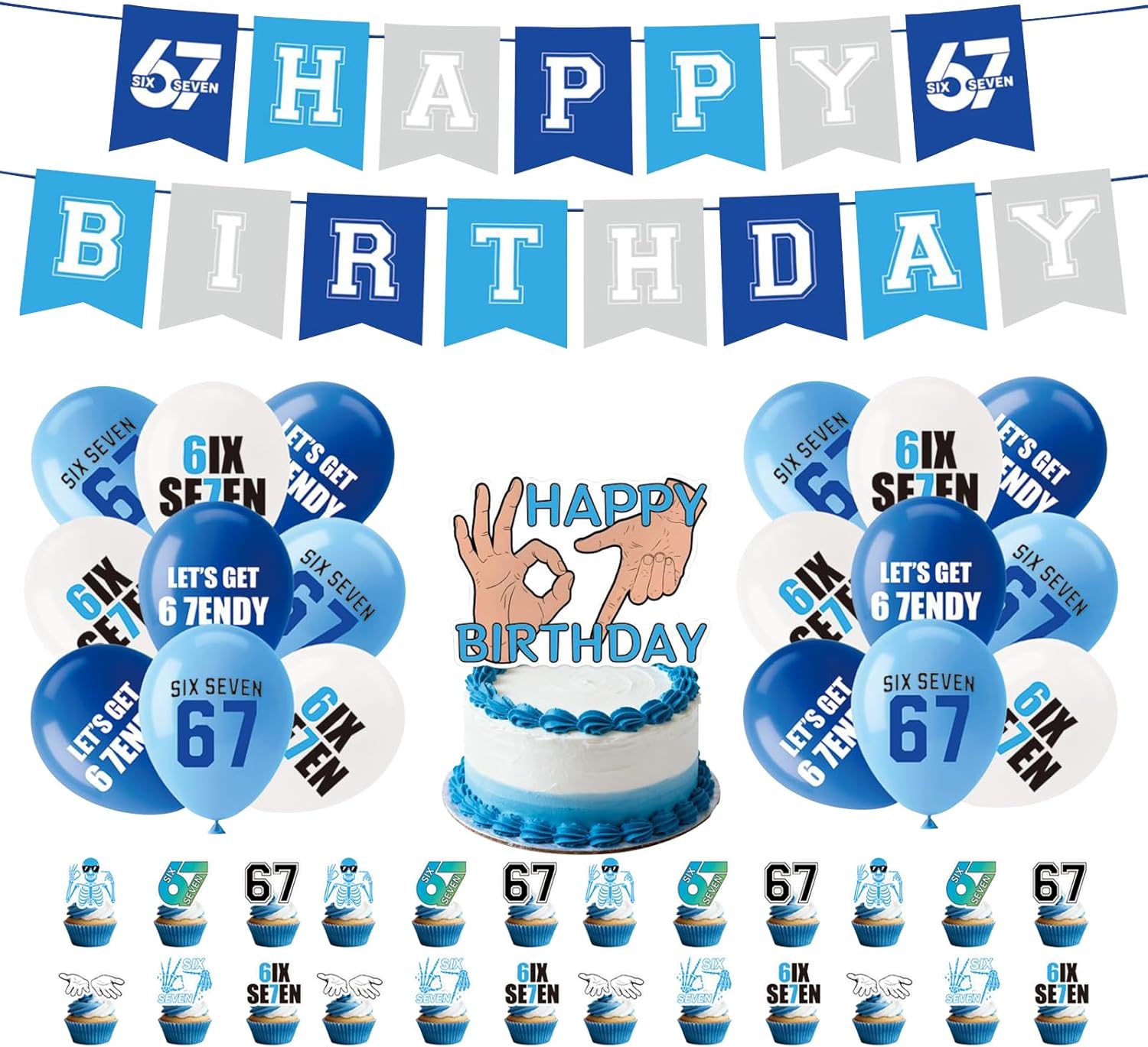 6 7 Birthday Decorations Party Supplies, Six Seven Happy-Birthday Decor, 67 meme Themed Set with Banner, Cake Topper, 24 Cupcake Toppers, 18 Balloons, Blue and gray