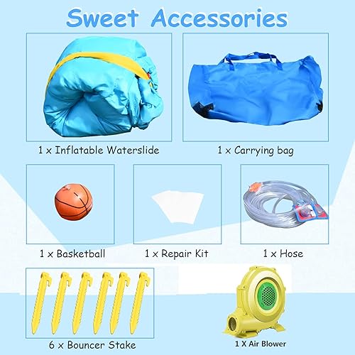 Miniatura 6 de BOUNTECH Tobogán acuático inflable, casa para saltar de agua 6 en 1 para niños, diversión al aire libre con soplador de 750 W, piscina para