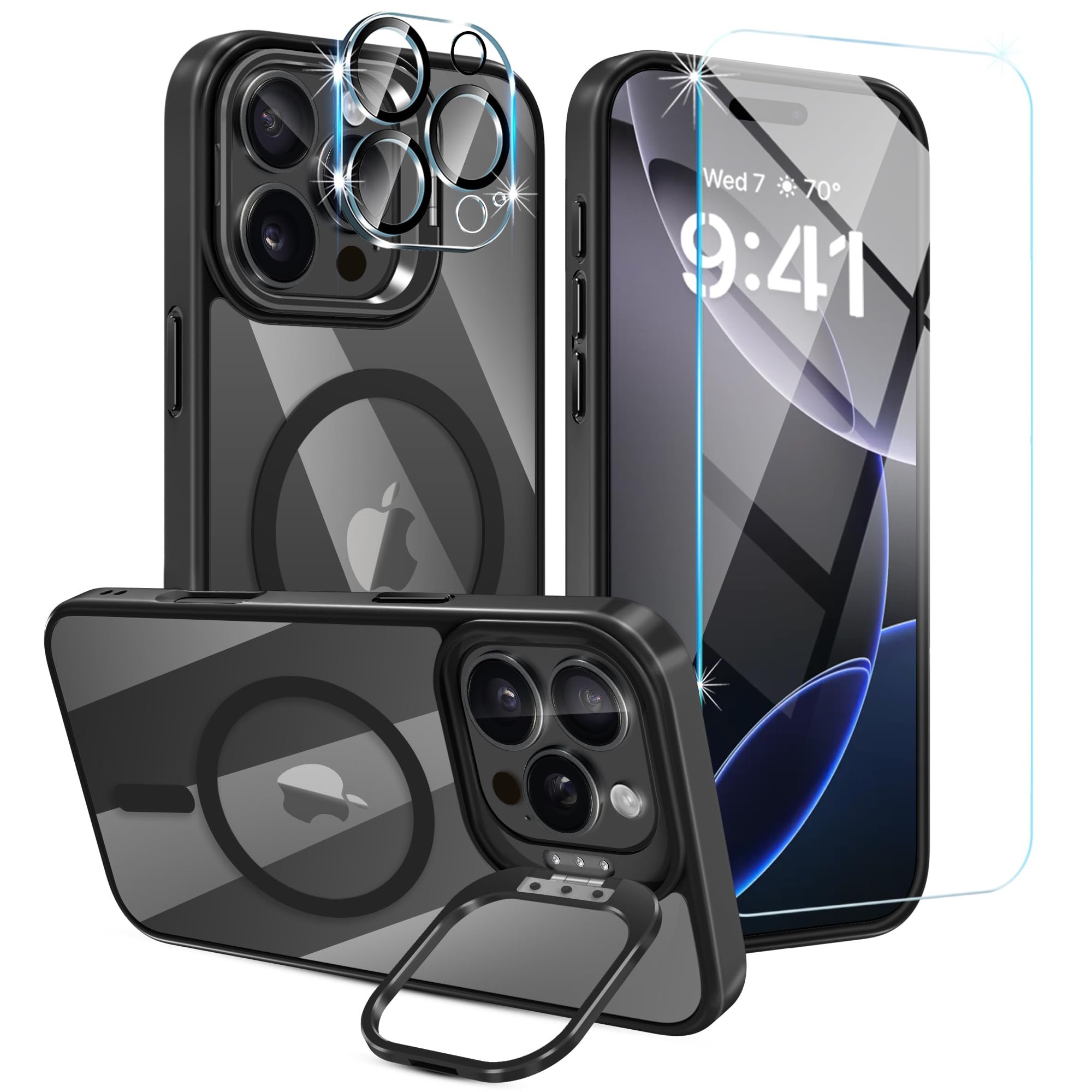 Casewind Magnetic for iPhone 16 Pro Max Case [Compatible with MagSafe] [Military-Grade Protective Case] Built-in Stash Stand, Shockproof Translucent