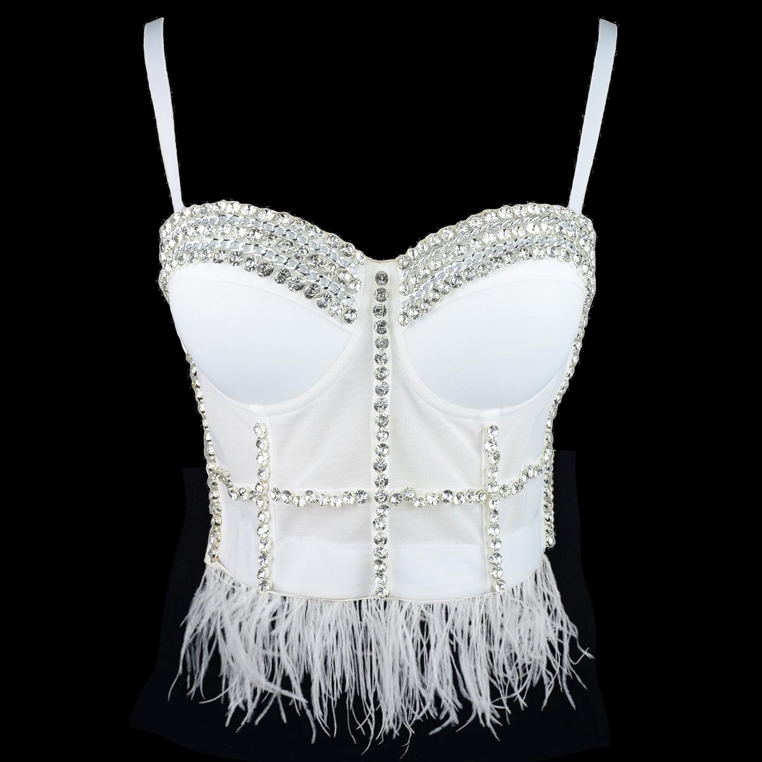 ELLACCI Women's Feather Tassel Diamond Chain Mesh Bustier Crop Top Push Up Corset Top Bralet White - Image 4