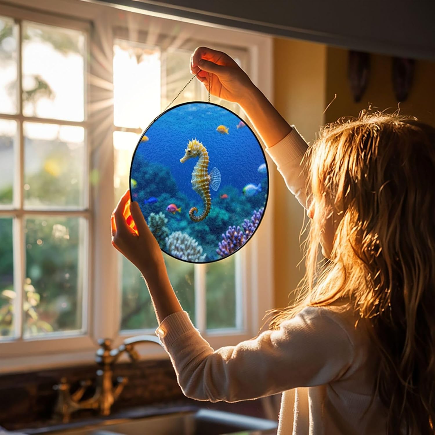 Stained Glass Window Hanging 12in Window Suncatcher Glass Panel with Metal Chain Animal Deep-Sea Seahorses Sun Catchers Wall Art Home Decor Gift for Women Mother's Day