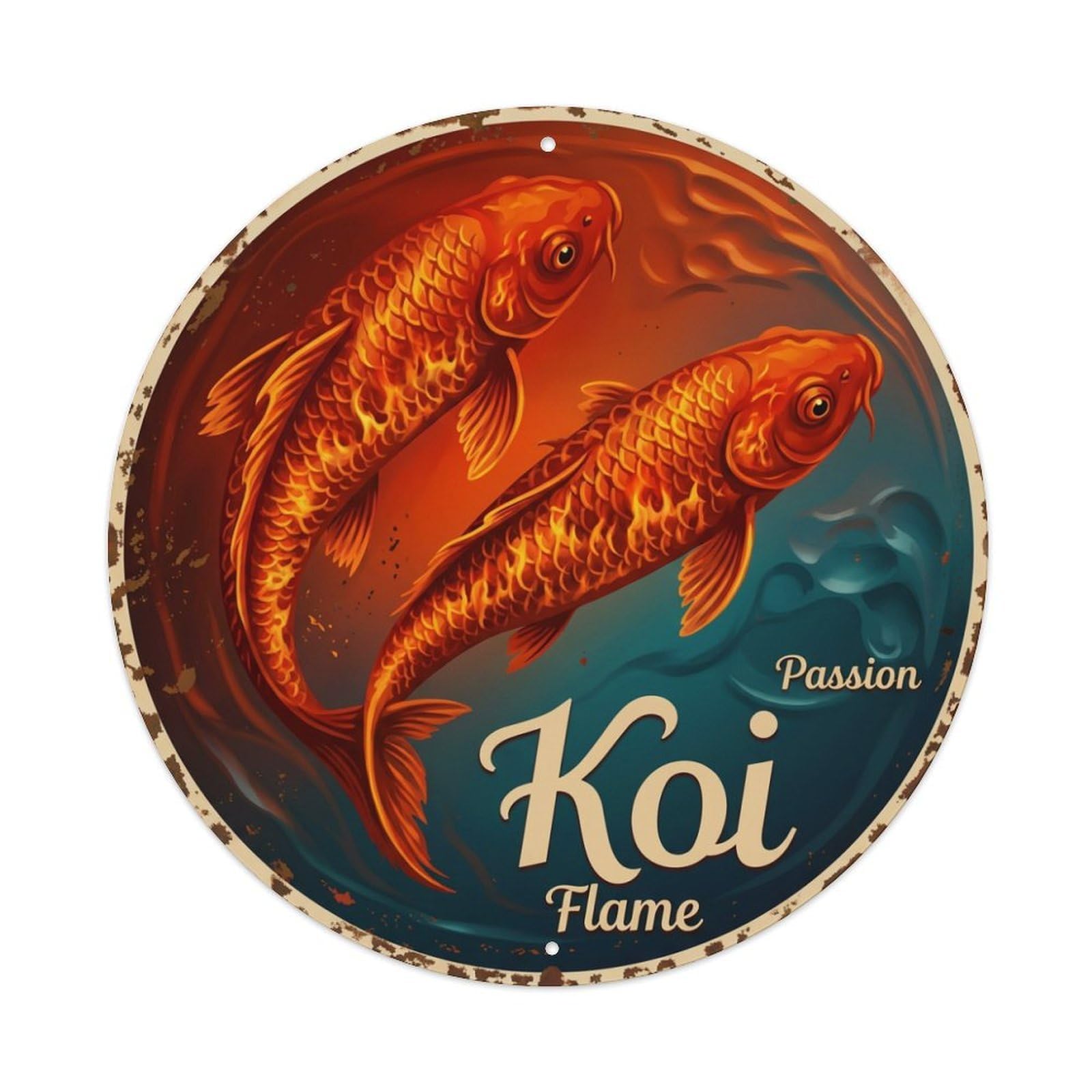 Xanthor Style Koi Fish Passion Flame Fiery Waters Metal Tin Sign