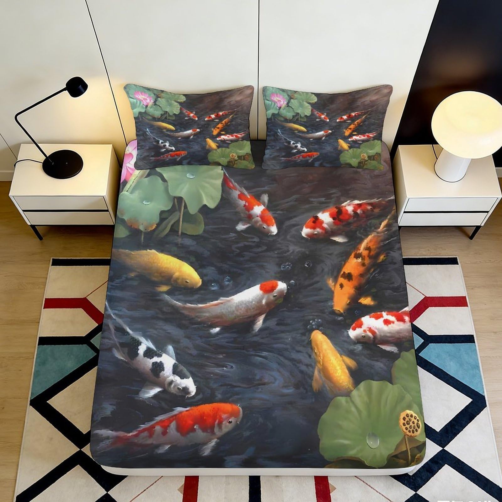 3D Printed Koi Fish Pond Fitted Sheet Microfiber Soft Water Garden Lotus Bed Sheet for Bedroom Dorm Decor 90x200x25cm