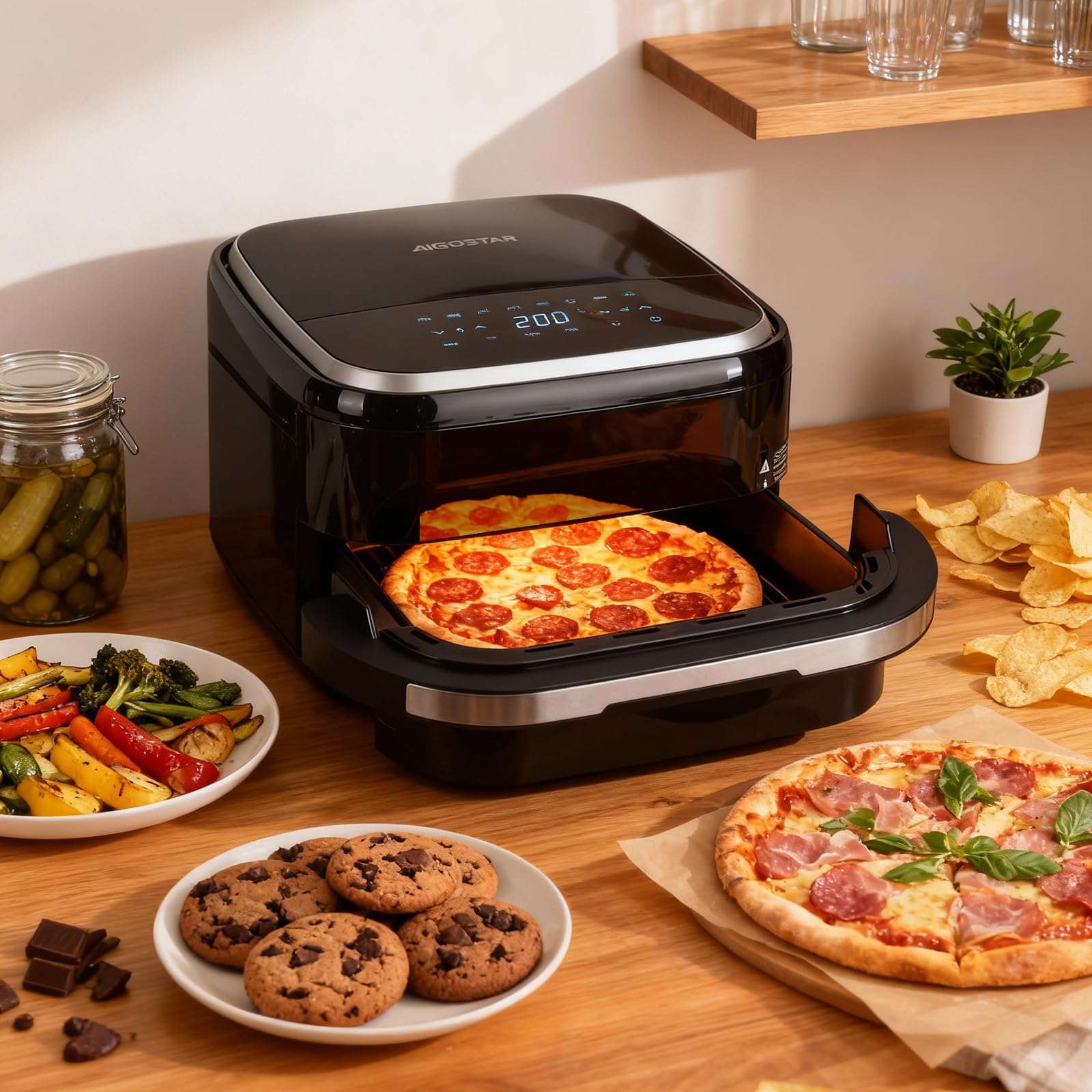 Aigostar Heißluftfritteuse mit XL 745 cm² Garfläche (27.3 * 27.3cm), leiser Extra-Crisp Technologie, Pizzafunktion, Doppelheizung, Sichtfenster, 11 Programmen, Touchscreen, Metall-Innenraum, Schwarz