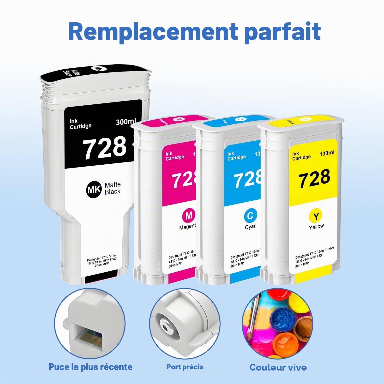 728 Cartouche d'encre 130-ml pour HP 728 HP728(Lot de 4)