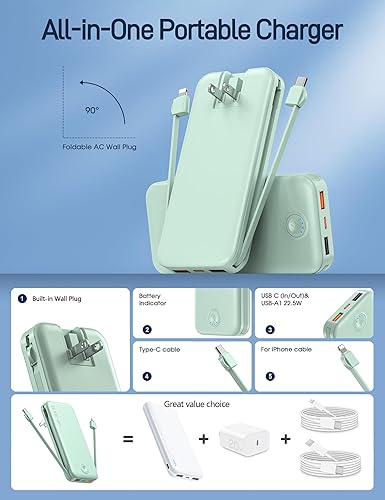 Miniatura 2 de Cargador portátil de carga súper rápida de 22.5 W con enchufe de pared, cargador de batería USB-C de 12000 mAh, 2 cables integrados, cargador de