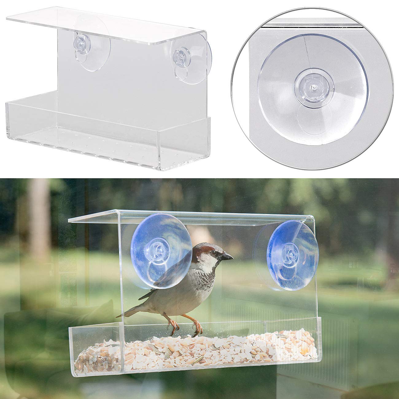 Nature Gear Fenster-Vogelfutterstation Aus Acryl – Mit Saugnäpfen, Verschiebbarer Schale, Klar