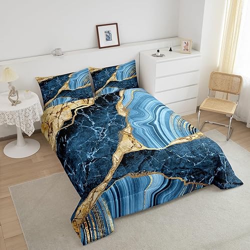Miniatura 3 de Erosebridal Juego de edredón de mármol azul matrimonial, ropa de cama dorada agrietada para niños y niños, juegos de edredón de textura metálica