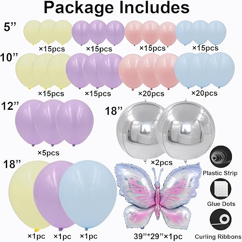 Miniatura 2 de Kit de arco de globos de mariposa, 148 unidades, guirnalda de globos rosa pastel y morado, amarillo, azul, con globo de aluminio de mariposa grande
