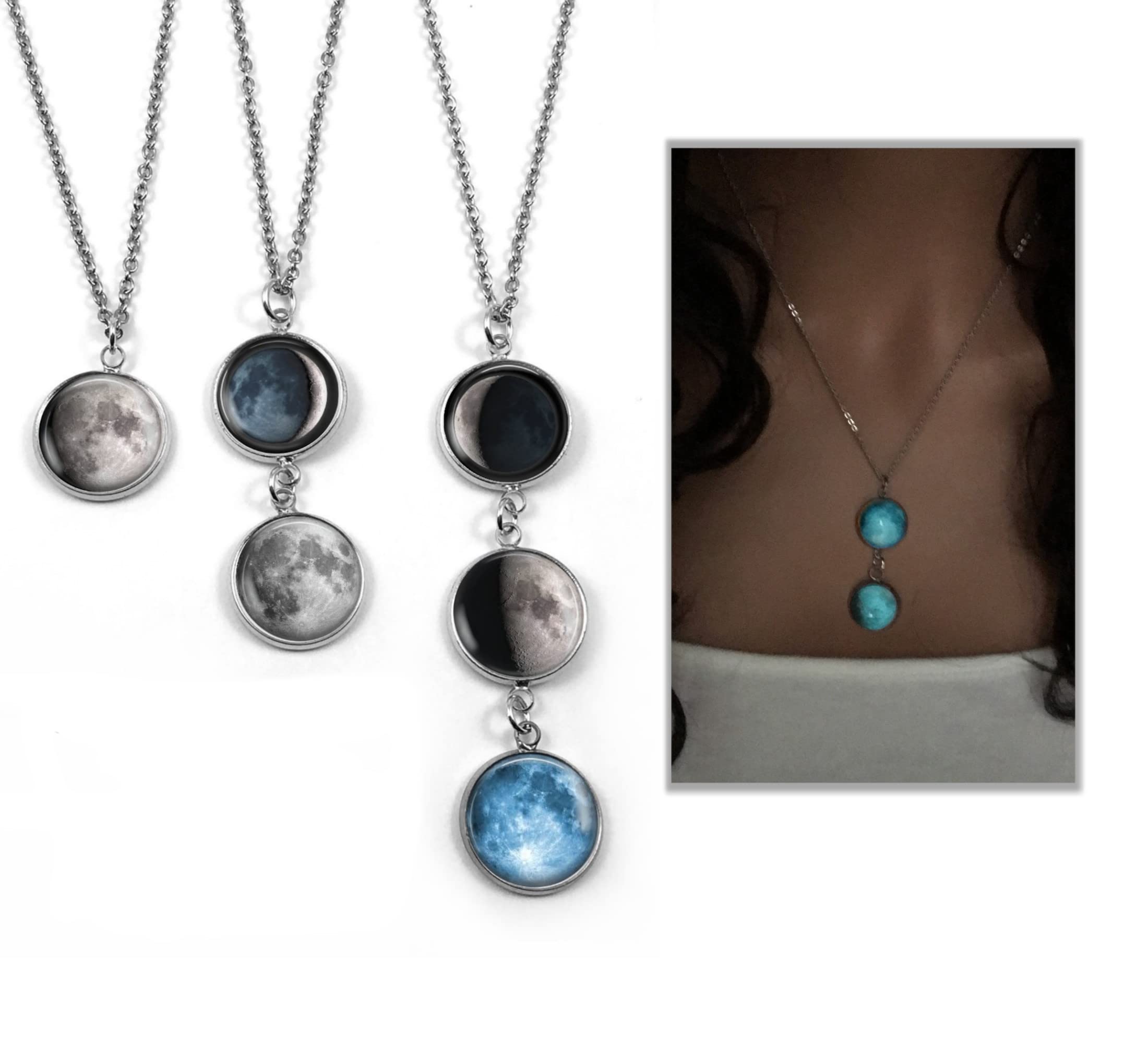 Little Gem Girl1 Glow in the Dark Stainless Steel Custom Birth Moon Drop Necklace with 1, 2, 3 or 4 Personalized Moon Phase Charms Optional Name or Date Engraving on Back, Hypoallergenic Nickel Free