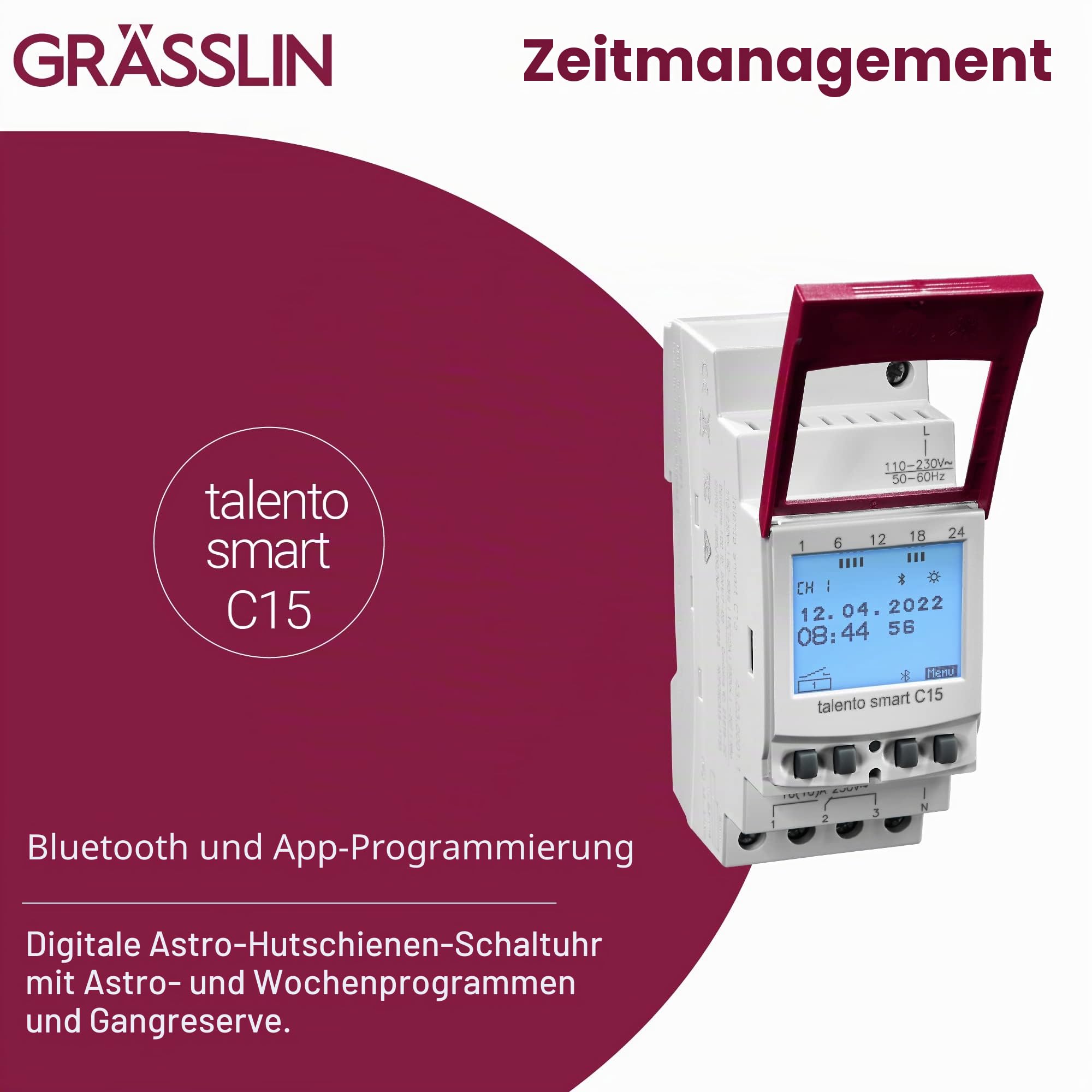 43.03.0001.1 talento smart C15 1-Kanal-Astro-Zeitschaltuhr digital | Bluetooth/App, 2 TE, DIN-Schiene/Hutschiene, 500 Speicherplätze, Wochen-/Jahresprogramm, Impuls/Zyklus, 8 Jahre Gangreserve