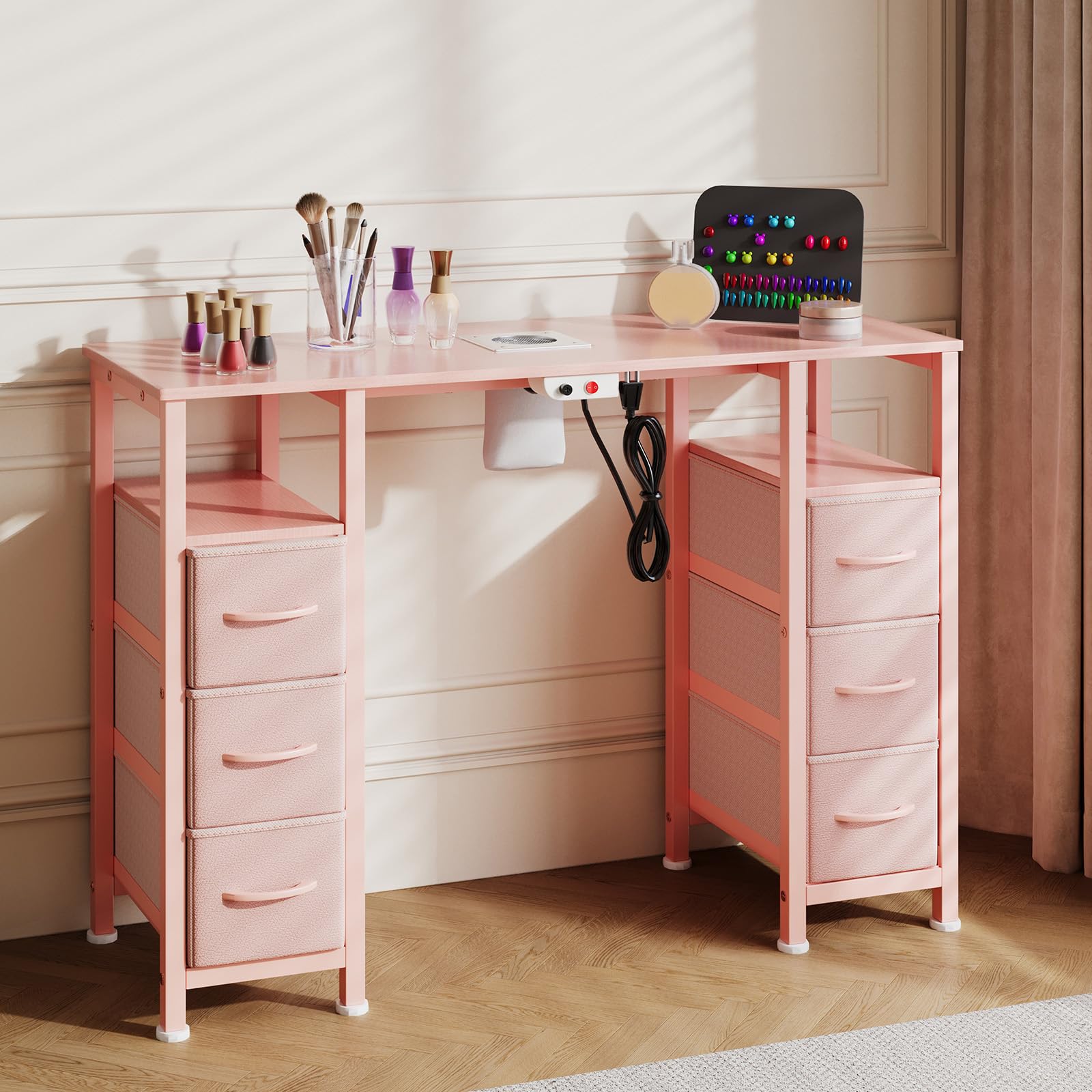 Manicure Table Nail Desk for Nail Tech, Nail Beauty Table w/Electric Dust Collector & 6 Storage Drawers & Open Shelves for Home, Workshop, Makeup Beauty Salon Workstation (Pink)