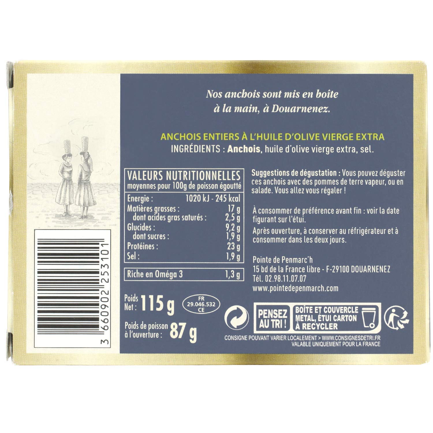 Anchois entiers à l'huile d'olive vierge extra Pointe de Penmarc'h le lot de 6 boîtes de 115 g - Livraison en 2 à 3 jours ouvrés depuis la Bretagne