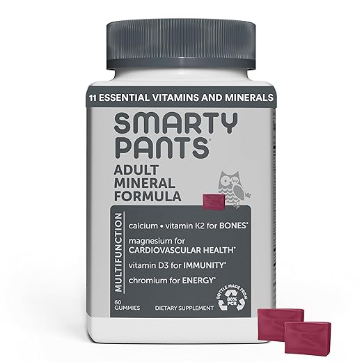 SmartyPants Adult Daily Mineral Vitamins: Calcium, Magnesium Citrate, D3, Zinc & Chromium for Immune Support, Energy, Bone & Muscle Function, 60 Soft Chews (30 Day Supply)