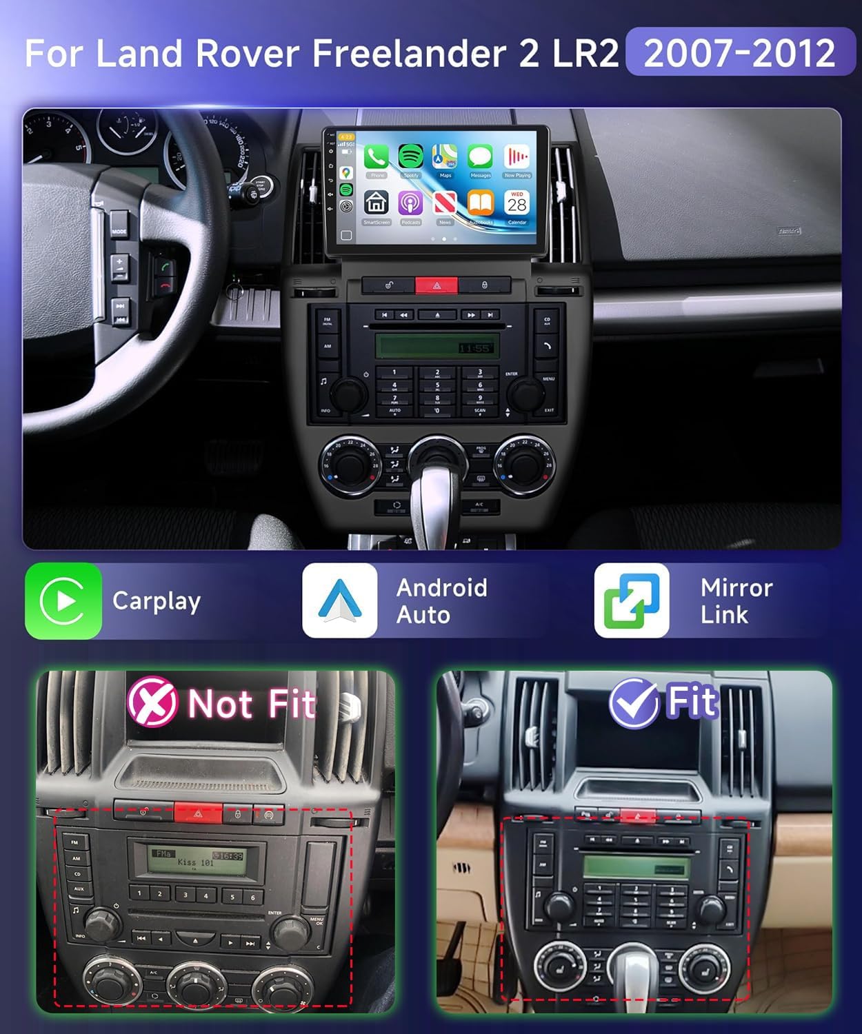 Radio for Land Rover Freelander 2 LR2 2007-2012 Car Stereo with Wireless Carplay Android Auto,5.0 Bluetooth 32EQ,9inch 1280x720P IPS Touch Screen,FM/RDS Android 15 GPS WiFi AHD Backup Camera