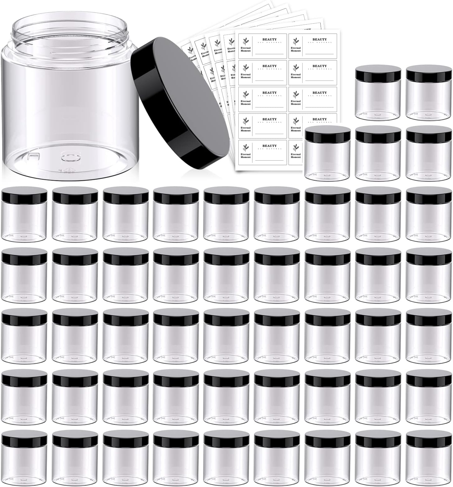 50 Pack 4 OZ Plastic Jars Round Clear Cosmetic Container with Black Lids, Eternal Moment Slime Jars for Lotion, Cream, Ointments, Makeup, Eye shadow, Rhinestone, Samples, Pot, Travel Storage