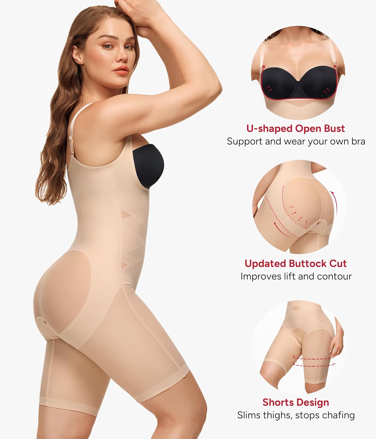 Nebility Women's Full Body Shapewear Bodysuit - Open Bust Shapewear Tummy Control Faja Body Shaper Seamless Girdle - Image 3