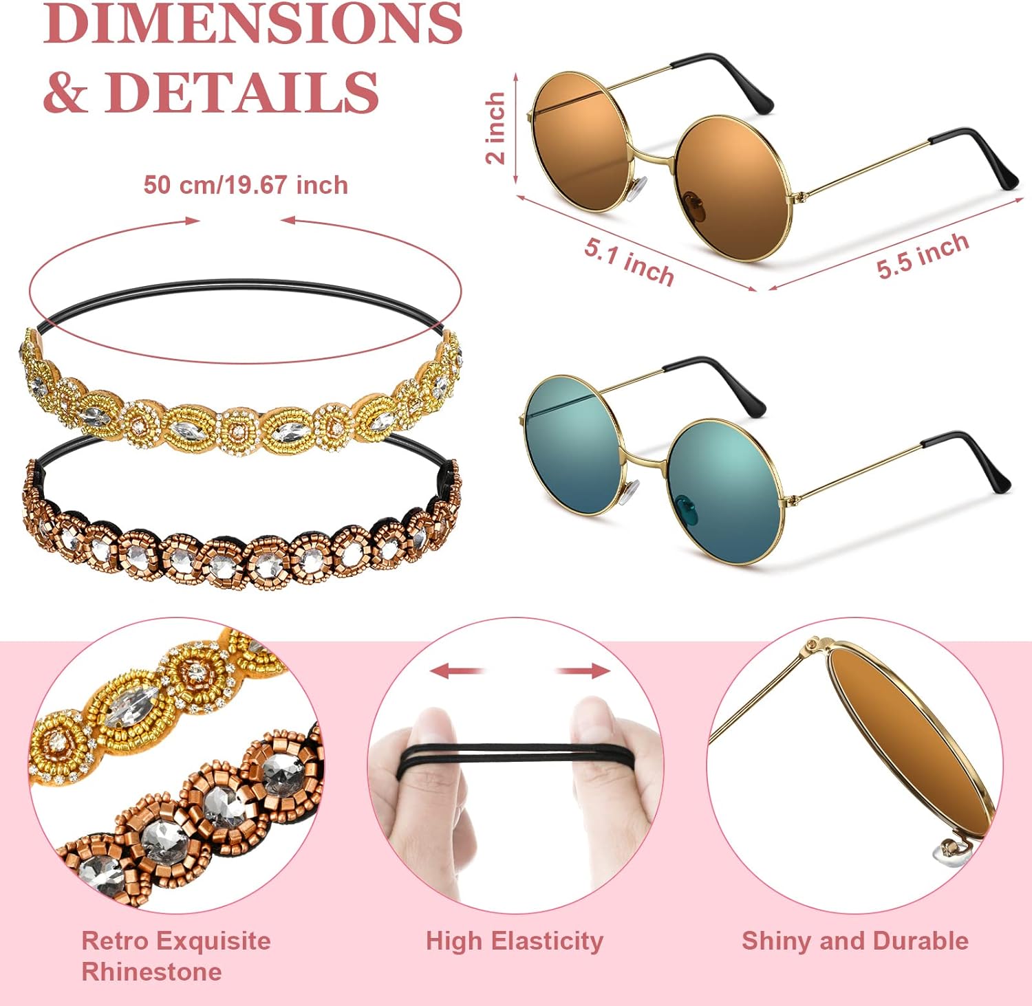 Tuanse 8 Pcs Hippie Costume Set Boho 70s 80s Outfits for Women Sunglasses Elastic Headband Peace Sign Necklace Earrings - Image 3