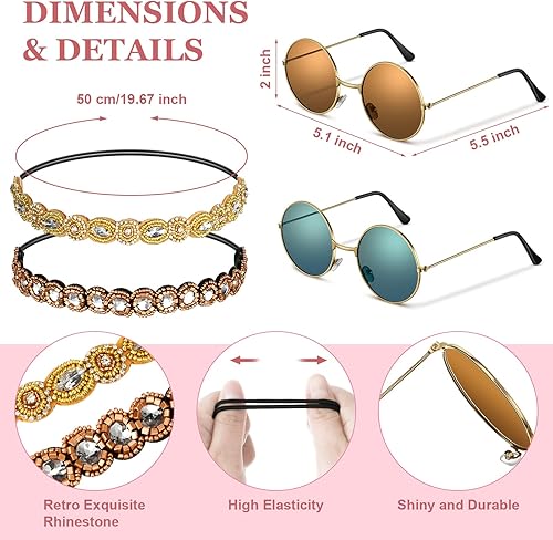 Miniatura 3 de Tuanse Conjunto de 8 piezas de disfraz hippie bohemio de los años 70 y 80 para mujeres y niñas, gafas de sol con diadema elástica, collar y aretes