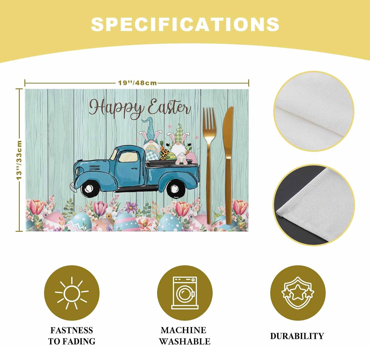 Placemats for Dining Table Set of 4 Happy Easter Wooden Grain Gnomes and Easter Eggs Table Mats for Home Kitchen Restaurant Easter Day Party Decoration,Washable
