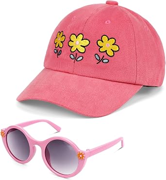 Girls Baseball Cap Sunglasses Set, Adjustable Kids Trucker Hat Cute Toddler Sun Cap Summer Outdoor Baseball Hat for Girls 2-6 Years