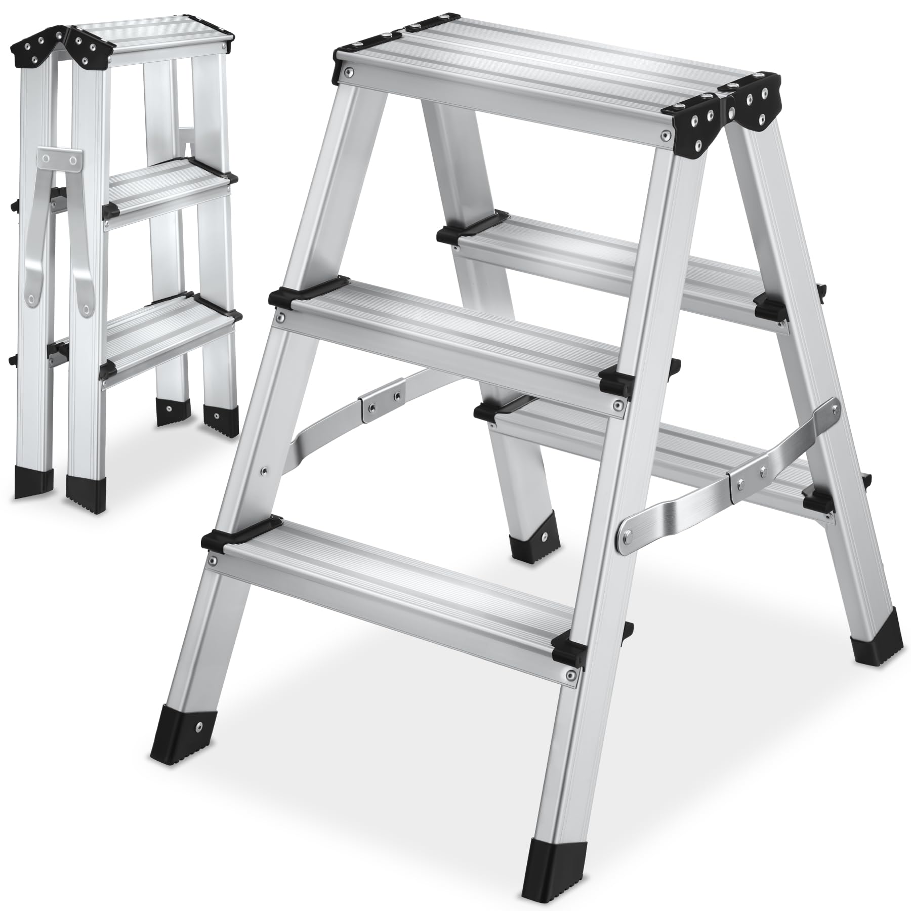 tectake® 3-Step Ladder in Durable & Lightweight Aluminium, Double-Sided Folding Ladder, 150 kg Capacity, Aluminium Step Ladder with Ribbed Steps & Non-Slip Feet, Foldable for Storage & Transport