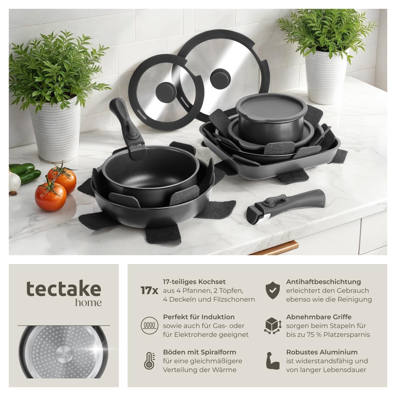 tectake® 17-teiliges Kochtopf Set, antihaftbeschichtets Topfset Induktion, Töpfe + Pfannen Set, 2x Topf + 3x Bratpfanne inkl. Glasdeckeln mit Dampfabzug, 2 Silikonabdeckungen, Induktions Töpfe Set,
