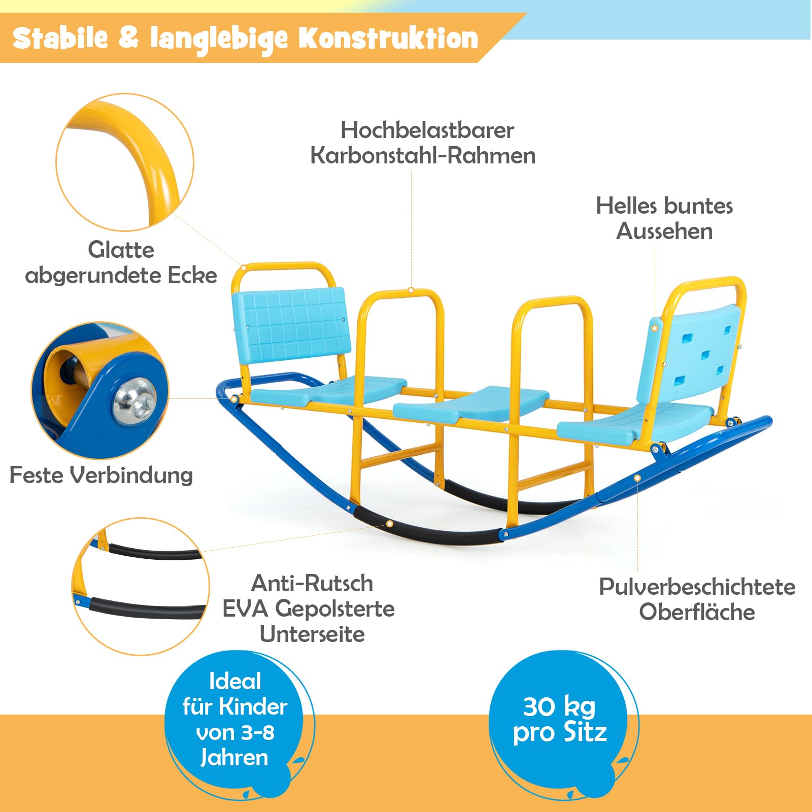 DREAMADE 3 Sitzer Kinder Wippe mit Rückenlehnen und Griffe, Schaukelwippe Metall 136x60x39cm, Karusselwippe Gartenwippe für Indoor und Outdoor, für Kinder 3-8 Jahren (Blau)